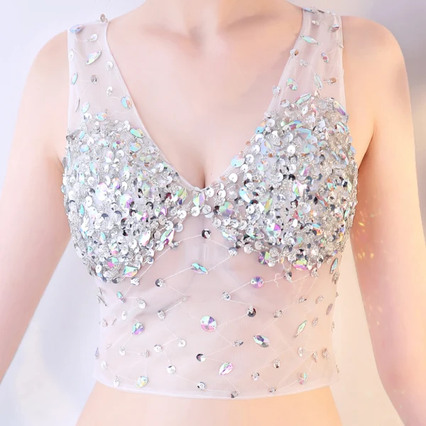 Sexy 2 Stück Himmelblau Durchsichtige Sommer Abendkleider 2018 Mermaid V-Ausschnitt Ärmellos Pailletten Strass Perlenstickerei Hof-Schleppe Rückenfreies Festliche Kleider