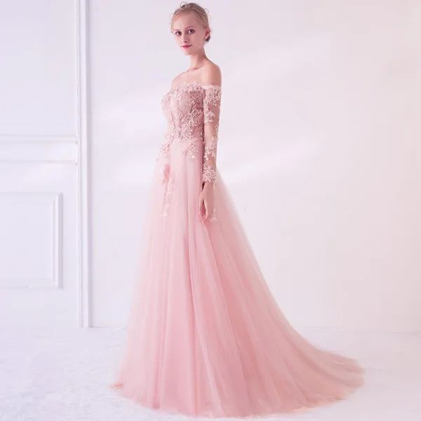 Élégant Perle Rose Transparentes Robe De Bal 2018 Princesse De l'épaule Manches Longues Appliques En Dentelle Perle Train De Balayage Volants Dos Nu Robe De Ceremonie