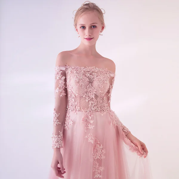 Élégant Perle Rose Transparentes Robe De Bal 2018 Princesse De l'épaule Manches Longues Appliques En Dentelle Perle Train De Balayage Volants Dos Nu Robe De Ceremonie