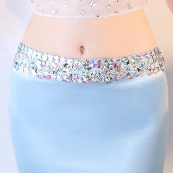 Sexy 2 Stück Himmelblau Durchsichtige Sommer Abendkleider 2018 Mermaid V-Ausschnitt Ärmellos Pailletten Strass Perlenstickerei Hof-Schleppe Rückenfreies Festliche Kleider