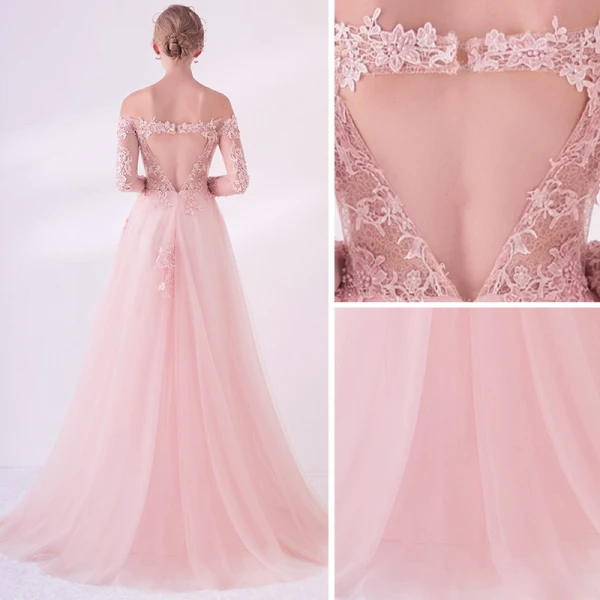 Élégant Perle Rose Transparentes Robe De Bal 2018 Princesse De l'épaule Manches Longues Appliques En Dentelle Perle Train De Balayage Volants Dos Nu Robe De Ceremonie