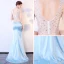 Sexy 2 Stück Himmelblau Durchsichtige Sommer Abendkleider 2018 Mermaid V-Ausschnitt Ärmellos Pailletten Strass Perlenstickerei Hof-Schleppe Rückenfreies Festliche Kleider