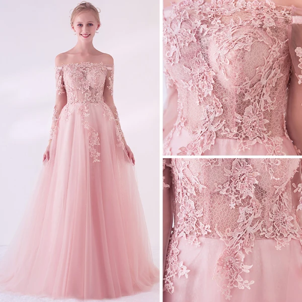 Élégant Perle Rose Transparentes Robe De Bal 2018 Princesse De l'épaule Manches Longues Appliques En Dentelle Perle Train De Balayage Volants Dos Nu Robe De Ceremonie