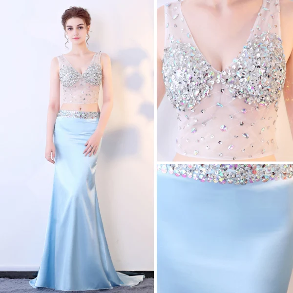Sexy 2 Stück Himmelblau Durchsichtige Sommer Abendkleider 2018 Mermaid V-Ausschnitt Ärmellos Pailletten Strass Perlenstickerei Hof-Schleppe Rückenfreies Festliche Kleider