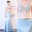Sexy 2 Stück Himmelblau Durchsichtige Sommer Abendkleider 2018 Mermaid V-Ausschnitt Ärmellos Pailletten Strass Perlenstickerei Hof-Schleppe Rückenfreies Festliche Kleider
