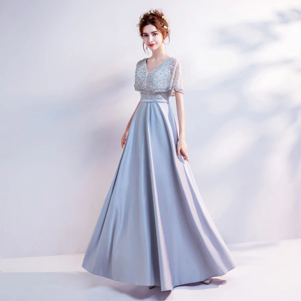 Chic / Beautiful Grey Evening Dresses  2017 A-Line / Princess V-Neck Lace Pierced Backless Beading Evening Party Formal Dresses