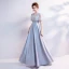 Chic / Beautiful Grey Evening Dresses  2017 A-Line / Princess V-Neck Lace Pierced Backless Beading Evening Party Formal Dresses