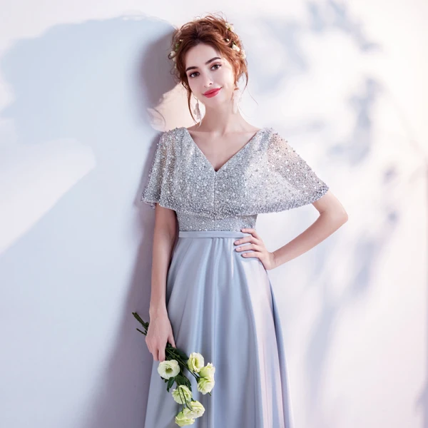 Chic / Beautiful Grey Evening Dresses  2017 A-Line / Princess V-Neck Lace Pierced Backless Beading Evening Party Formal Dresses