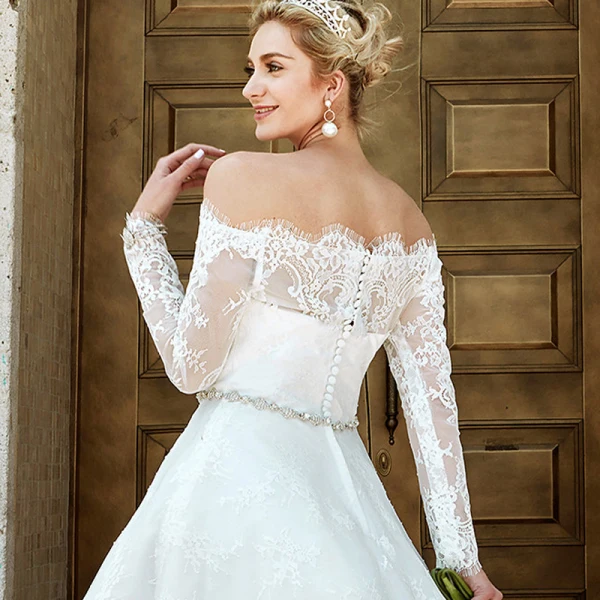 Modern / Fashion White Wedding Dresses 2020 A-Line / Princess Off-The-Shoulder Asymmetrical Embroidered Long Sleeve Wedding