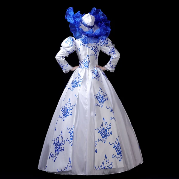Vintage / Retro Medieval Chinese style White Royal Blue Ball Gown Prom Dresses 2021 Long Sleeve High Neck Zipper Up Floor-Length / Long Printing Cosplay Prom Formal Dresses