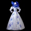 Vintage / Retro Medieval Chinese style White Royal Blue Ball Gown Prom Dresses 2021 Long Sleeve High Neck Zipper Up Floor-Length / Long Printing Cosplay Prom Formal Dresses