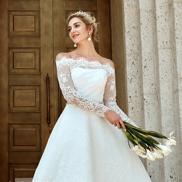 Modern / Fashion White Wedding Dresses 2020 A-Line / Princess Off-The-Shoulder Asymmetrical Embroidered Long Sleeve Wedding