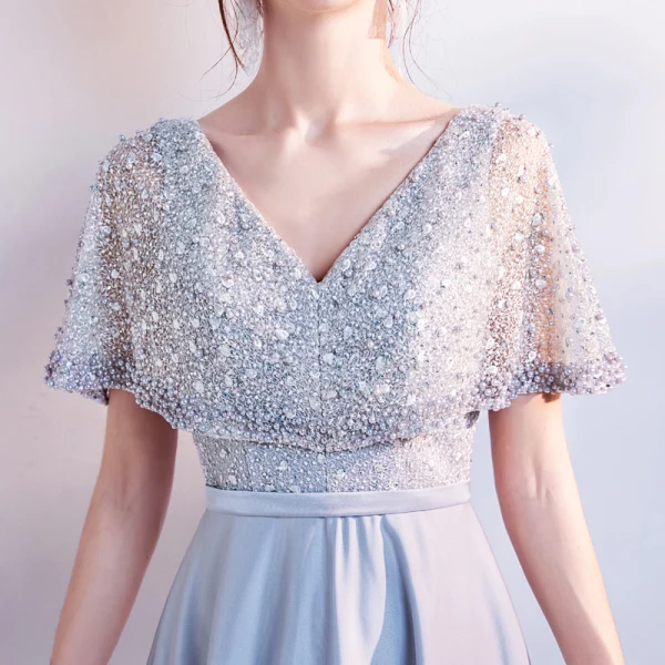 Chic / Beautiful Grey Evening Dresses  2017 A-Line / Princess V-Neck Lace Pierced Backless Beading Evening Party Formal Dresses