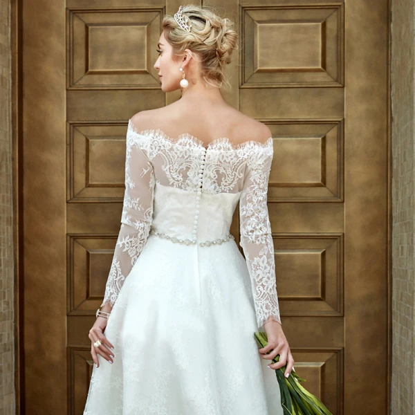Modern / Fashion White Wedding Dresses 2020 A-Line / Princess Off-The-Shoulder Asymmetrical Embroidered Long Sleeve Wedding