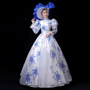 Vintage Retro Medieval Chinese Style White Royal Blue Ball Gown Prom Dresses 2021 Long Sleeve High Neck Zipper Up Floor Length Long Printing Cosplay Prom Formal Dresses