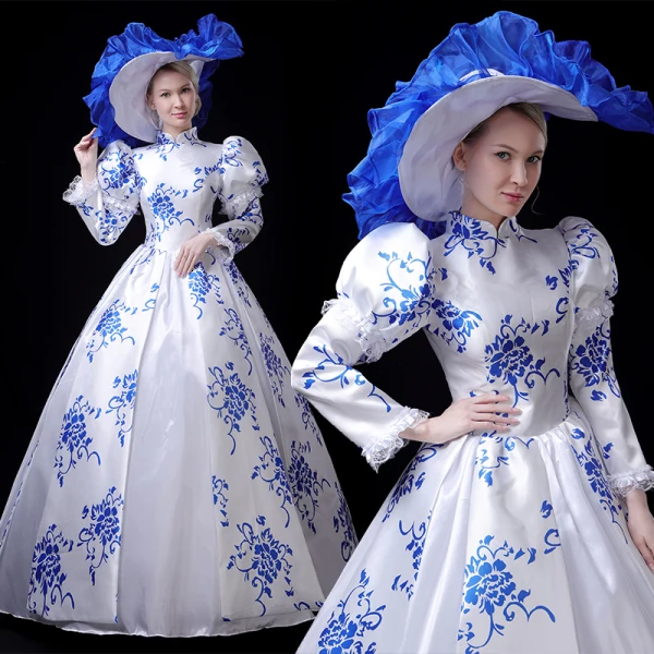 Vintage / Retro Medieval Chinese style White Royal Blue Ball Gown Prom Dresses 2021 Long Sleeve High Neck Zipper Up Floor-Length / Long Printing Cosplay Prom Formal Dresses