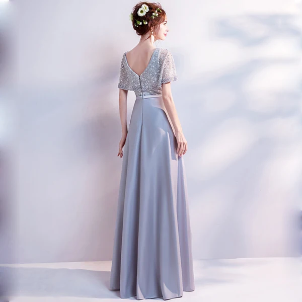 Chic / Beautiful Grey Evening Dresses  2017 A-Line / Princess V-Neck Lace Pierced Backless Beading Evening Party Formal Dresses