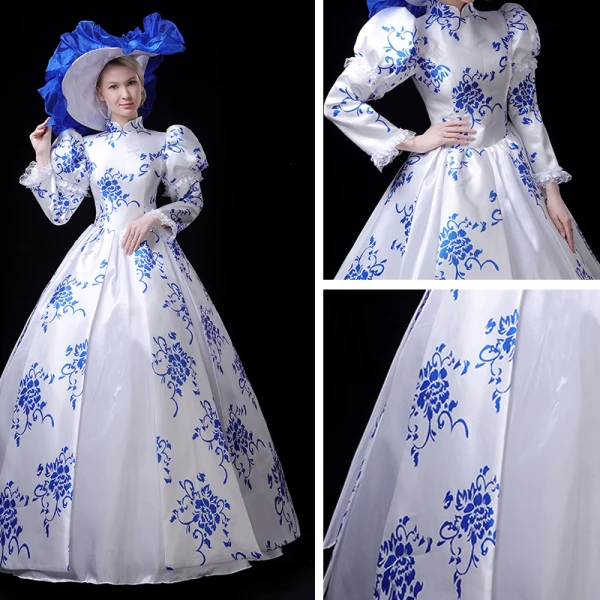 Vintage / Retro Medieval Chinese style White Royal Blue Ball Gown Prom Dresses 2021 Long Sleeve High Neck Zipper Up Floor-Length / Long Printing Cosplay Prom Formal Dresses