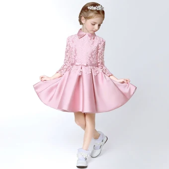 Chic Beautiful Hall Wedding Party Dresses 2017 Flower Girl Dresses Candy Pink Short A Line Princess Cascading Ruffles Bow Sash High Neck Long Sleeve Flower Appliques