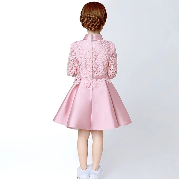Chic / Beautiful Hall Wedding Party Dresses 2017 Flower Girl Dresses Candy Pink Short A-Line / Princess Cascading Ruffles Bow Sash High Neck Long Sleeve Flower Appliques