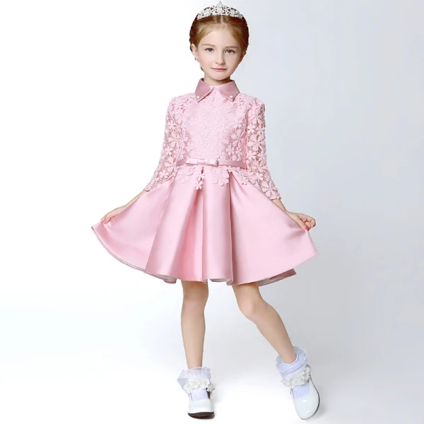 Chic / Beautiful Hall Wedding Party Dresses 2017 Flower Girl Dresses Candy Pink Short A-Line / Princess Cascading Ruffles Bow Sash High Neck Long Sleeve Flower Appliques
