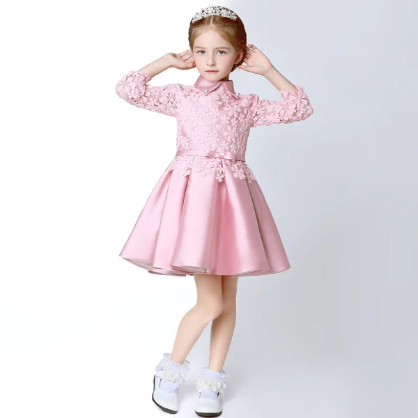 Chic / Beautiful Hall Wedding Party Dresses 2017 Flower Girl Dresses Candy Pink Short A-Line / Princess Cascading Ruffles Bow Sash High Neck Long Sleeve Flower Appliques