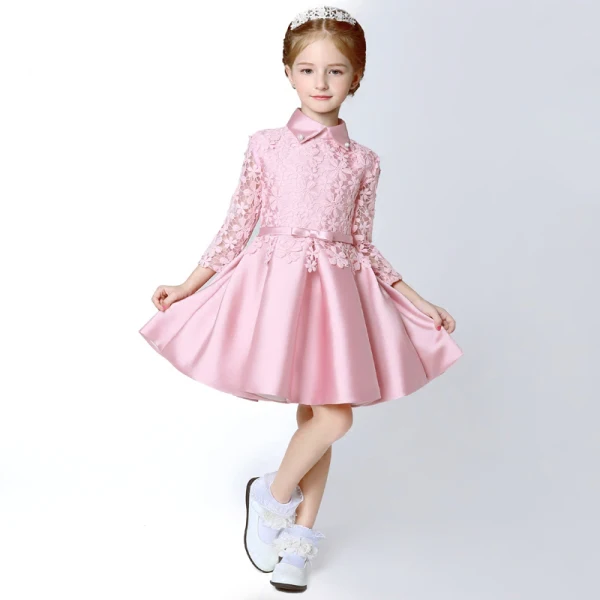 Chic / Beautiful Hall Wedding Party Dresses 2017 Flower Girl Dresses Candy Pink Short A-Line / Princess Cascading Ruffles Bow Sash High Neck Long Sleeve Flower Appliques