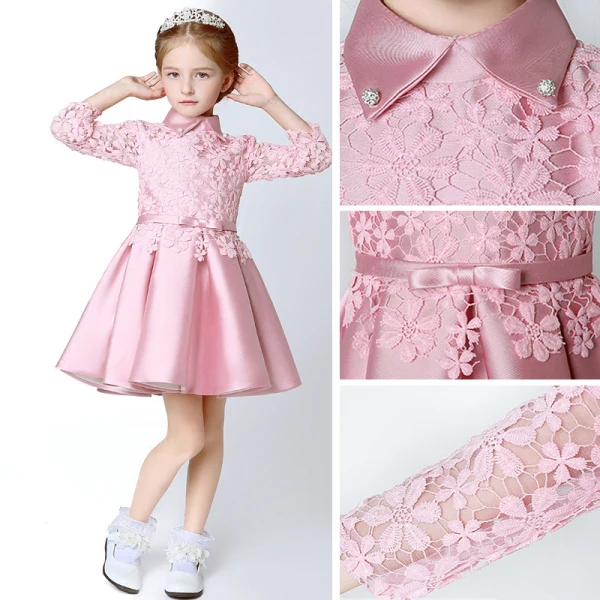 Chic / Beautiful Hall Wedding Party Dresses 2017 Flower Girl Dresses Candy Pink Short A-Line / Princess Cascading Ruffles Bow Sash High Neck Long Sleeve Flower Appliques