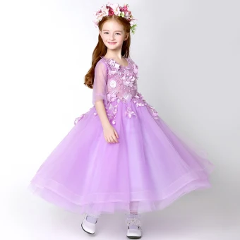 Chic Beautiful Church Wedding Party Dresses 2017 Flower Girl Dresses Lilac Tea Length A Line Princess Cascading Ruffles Scoop Neck 1 2 Sleeves Flower Appliques Leaf Pearl Rhinestone