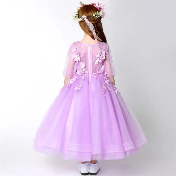 Chic / Beautiful Church Wedding Party Dresses 2017 Flower Girl Dresses Lilac Tea-length A-Line / Princess Cascading Ruffles Scoop Neck 1/2 Sleeves Flower Appliques Leaf Pearl Rhinestone