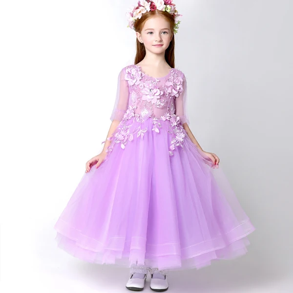 Chic / Beautiful Church Wedding Party Dresses 2017 Flower Girl Dresses Lilac Tea-length A-Line / Princess Cascading Ruffles Scoop Neck 1/2 Sleeves Flower Appliques Leaf Pearl Rhinestone