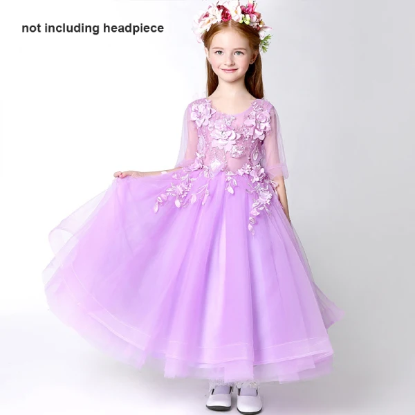 Chic / Beautiful Church Wedding Party Dresses 2017 Flower Girl Dresses Lilac Tea-length A-Line / Princess Cascading Ruffles Scoop Neck 1/2 Sleeves Flower Appliques Leaf Pearl Rhinestone