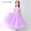 Chic / Beautiful Church Wedding Party Dresses 2017 Flower Girl Dresses Lilac Tea-length A-Line / Princess Cascading Ruffles Scoop Neck 1/2 Sleeves Flower Appliques Leaf Pearl Rhinestone