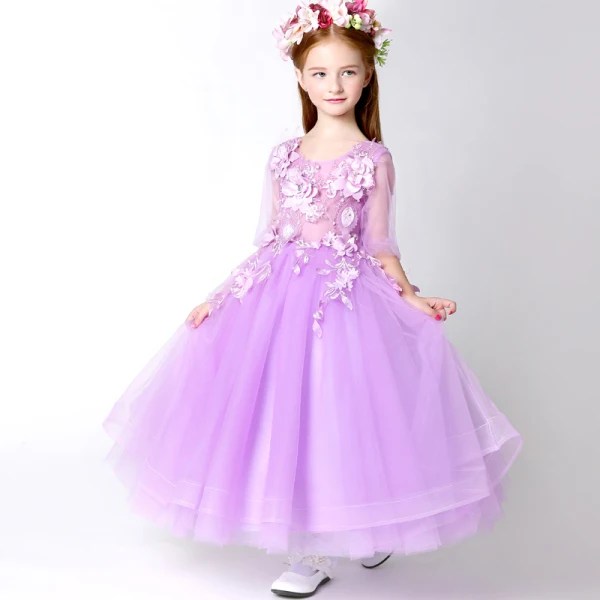 Chic / Beautiful Church Wedding Party Dresses 2017 Flower Girl Dresses Lilac Tea-length A-Line / Princess Cascading Ruffles Scoop Neck 1/2 Sleeves Flower Appliques Leaf Pearl Rhinestone