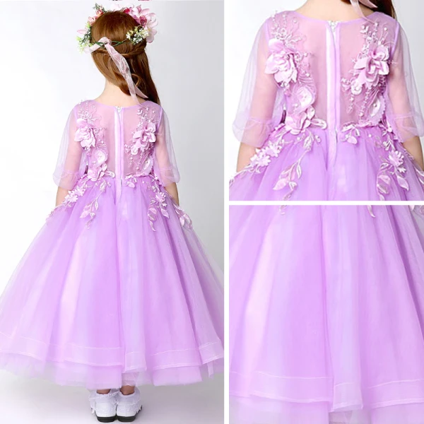 Chic / Beautiful Church Wedding Party Dresses 2017 Flower Girl Dresses Lilac Tea-length A-Line / Princess Cascading Ruffles Scoop Neck 1/2 Sleeves Flower Appliques Leaf Pearl Rhinestone