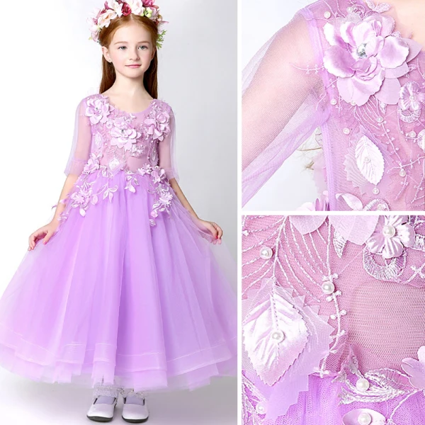 Chic / Beautiful Church Wedding Party Dresses 2017 Flower Girl Dresses Lilac Tea-length A-Line / Princess Cascading Ruffles Scoop Neck 1/2 Sleeves Flower Appliques Leaf Pearl Rhinestone