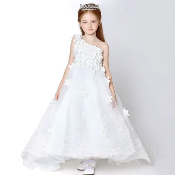 Amazing Unique Church Wedding Party Dresses 2017 Flower Girl Dresses White Cathedral Train Ball Gown Backless One Shoulder Sleeveless Flower Appliques Lace Rhinestone