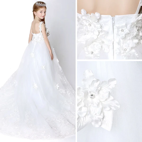 Amazing / Unique Church Wedding Party Dresses 2017 Flower Girl Dresses White Cathedral Train Ball Gown Backless One-Shoulder Sleeveless Flower Appliques Lace Rhinestone