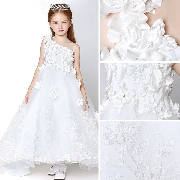Amazing / Unique Church Wedding Party Dresses 2017 Flower Girl Dresses White Cathedral Train Ball Gown Backless One-Shoulder Sleeveless Flower Appliques Lace Rhinestone