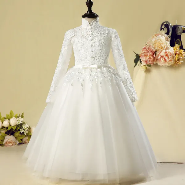 Chinese style Church Wedding Party Dresses 2017 Flower Girl Dresses White Floor-Length / Long Ball Gown High Neck Long Sleeve Flower Appliques Bow Sash