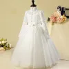 Chinese style Church Wedding Party Dresses 2017 Flower Girl Dresses White Floor-Length / Long Ball Gown High Neck Long Sleeve Flower Appliques Bow Sash