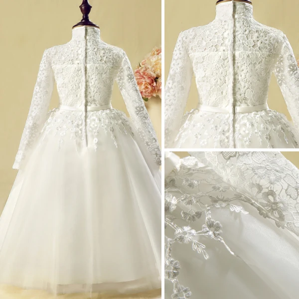 Style Chinois Église Robe Pour Mariage 2017 Robe Ceremonie Fille Blanche Longue Robe Boule Col Haut Manches Longues Fleur Appliques Noeud Ceinture
