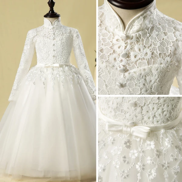 Style Chinois Église Robe Pour Mariage 2017 Robe Ceremonie Fille Blanche Longue Robe Boule Col Haut Manches Longues Fleur Appliques Noeud Ceinture