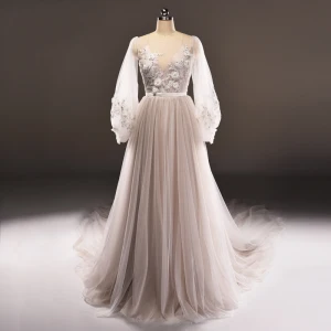 Luxe Gris Marron Transparentes Robe De Soirée 2018 Princesse Encolure Dégagée Manches Longues Appliques En Dentelle Perle Ceinture Cathedral Train Volants