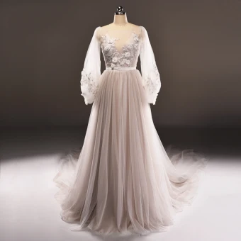 Luxury Gorgeous Grey Brown See Through Evening Dresses 2018 A Line Princess Scoop Neck Long Sleeve Appliques Lace Pearl Sash Cathedral Train Ruffle