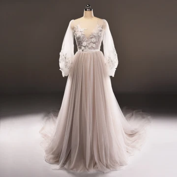 Luxe Gris Marron Transparentes Robe De Soirée 2018 Princesse Encolure Dégagée Manches Longues Appliques En Dentelle Perle Ceinture Cathedral Train Volants