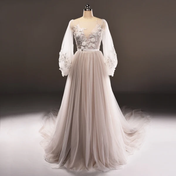 Luxe Gris Marron Transparentes Robe De Soirée 2018 Princesse Encolure Dégagée Manches Longues Appliques En Dentelle Perle Ceinture Cathedral Train Volants