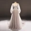 Luxe Gris Marron Transparentes Robe De Soirée 2018 Princesse Encolure Dégagée Manches Longues Appliques En Dentelle Perle Ceinture Cathedral Train Volants