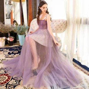 Sexy Lavande Été Robe De Soirée 2018 Princesse Épaules Sans Manches Perlage Faux Diamant Longue Volants Dos Nu Robe De Ceremonie