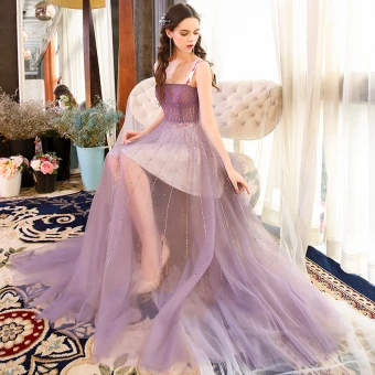 Sexy Lavande Été Robe De Soirée 2018 Princesse Épaules Sans Manches Perlage Faux Diamant Longue Volants Dos Nu Robe De Ceremonie